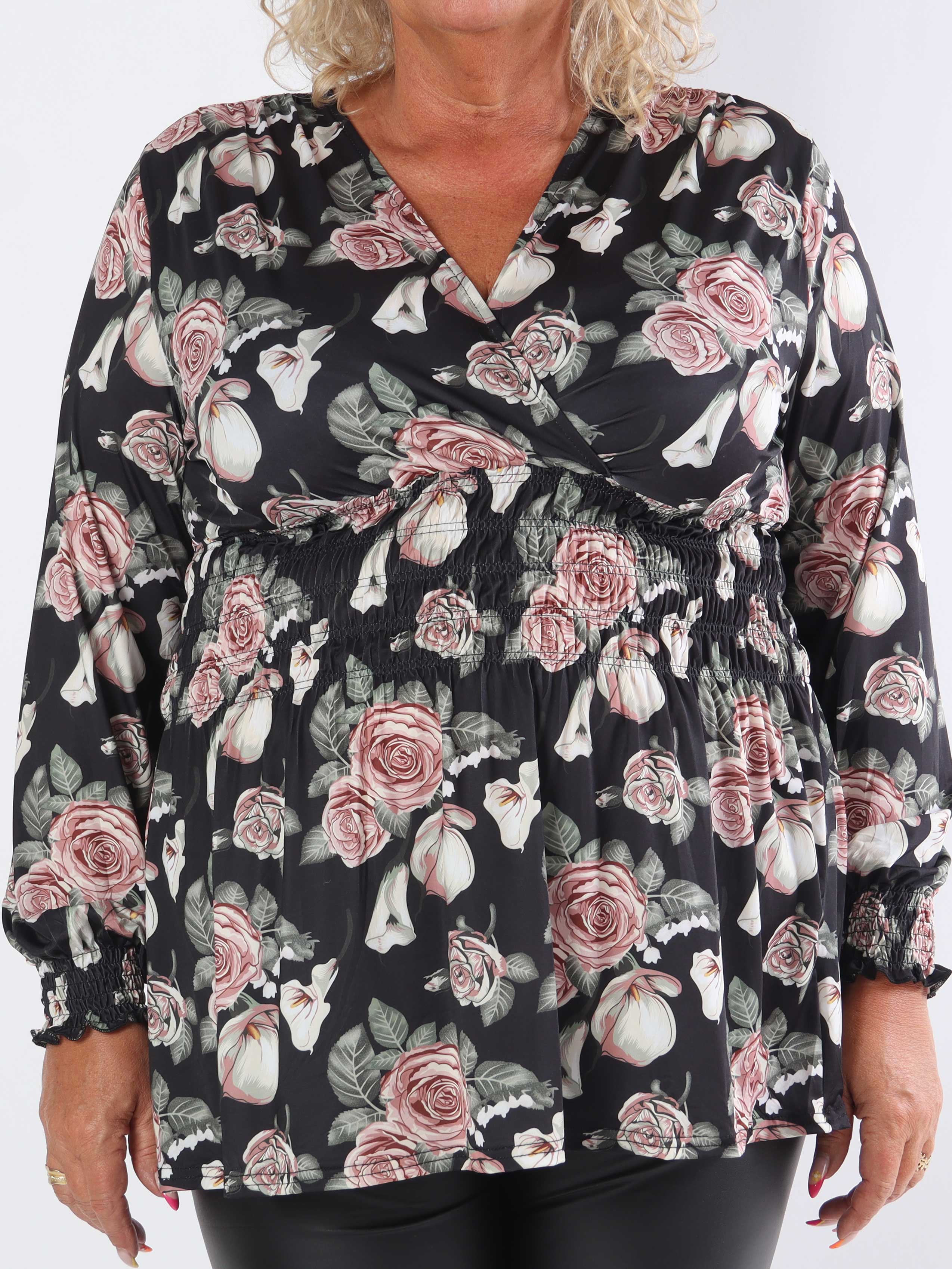 Pams Rose Shirt L/S - Elastisk plus size blus i skrynkelfritt tyg med rosor